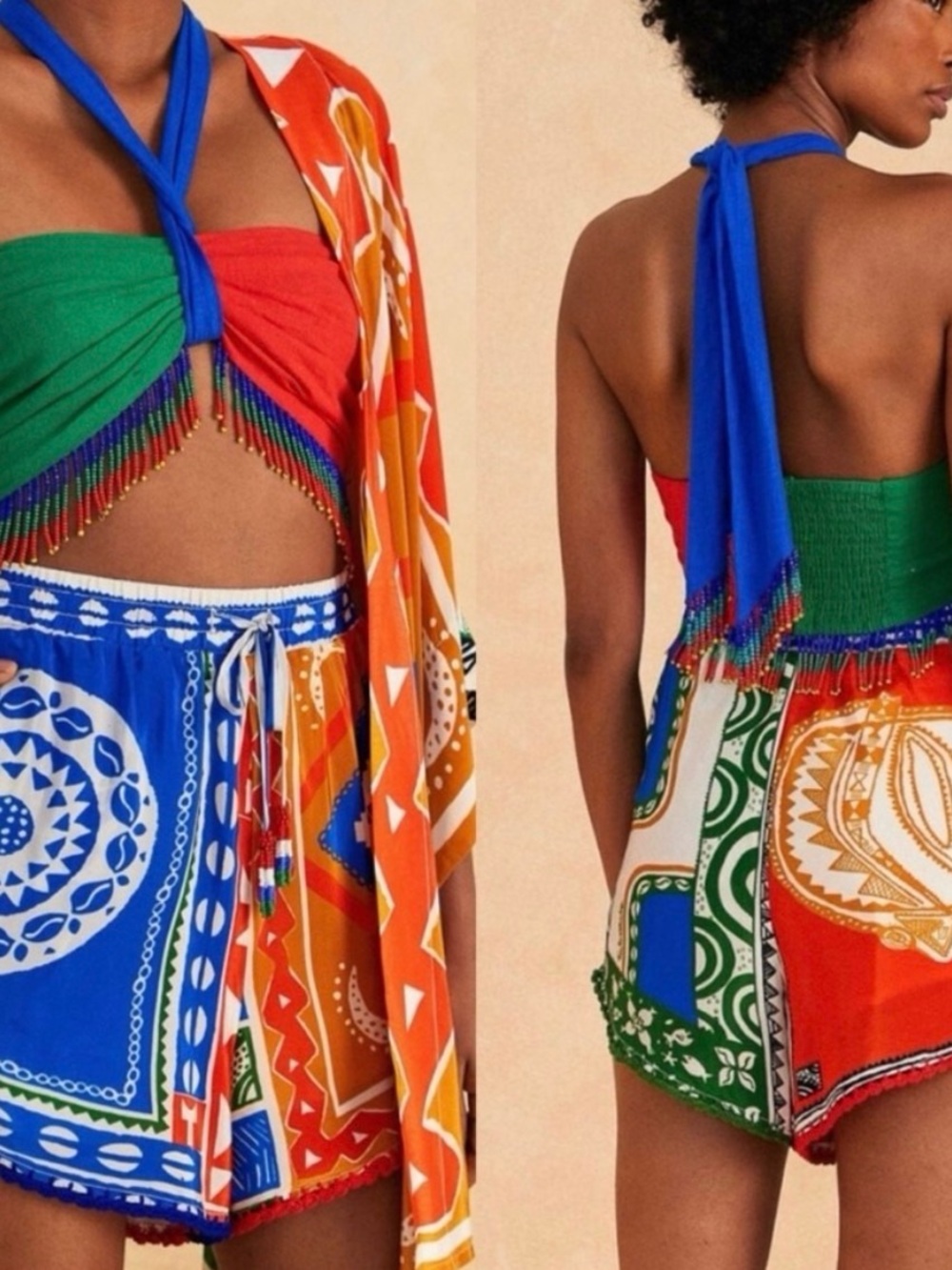 FARM Rio x Alberto Pitta satin multi-colored shorts - NWT
